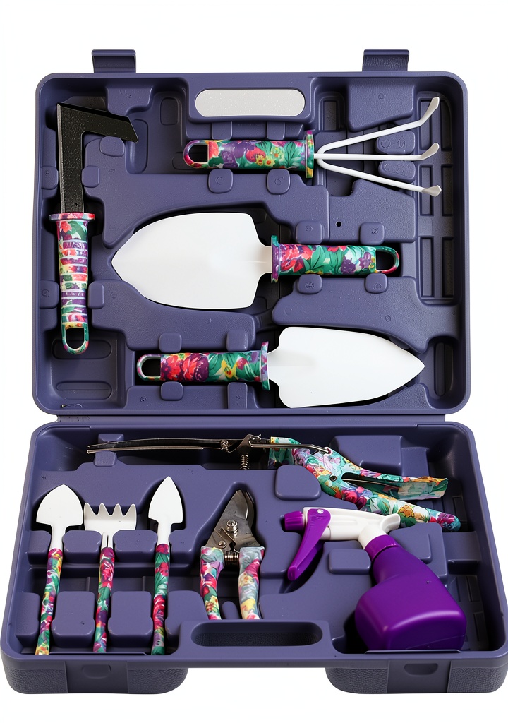 Garden tools being used in a backyard garden